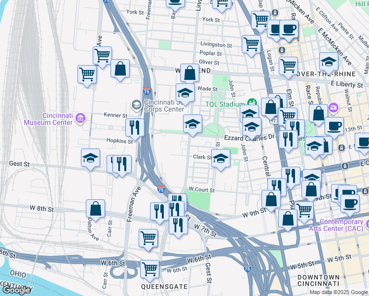 map of restaurants, bars, coffee shops, grocery stores, and more near in Cincinnati