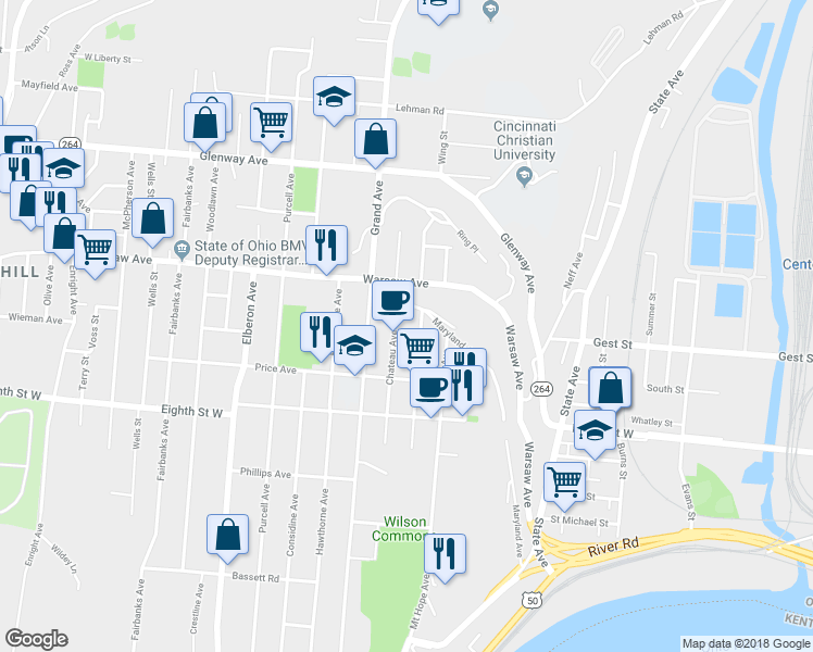 map of restaurants, bars, coffee shops, grocery stores, and more near 934 Chateau Avenue in Cincinnati