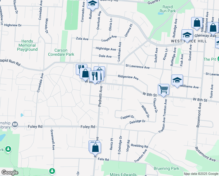 map of restaurants, bars, coffee shops, grocery stores, and more near 4431 West 8th Street in Cincinnati