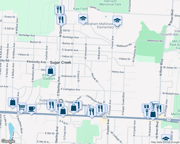 map of restaurants, bars, coffee shops, grocery stores, and more near 11500 Anderson Street in Sugar Creek