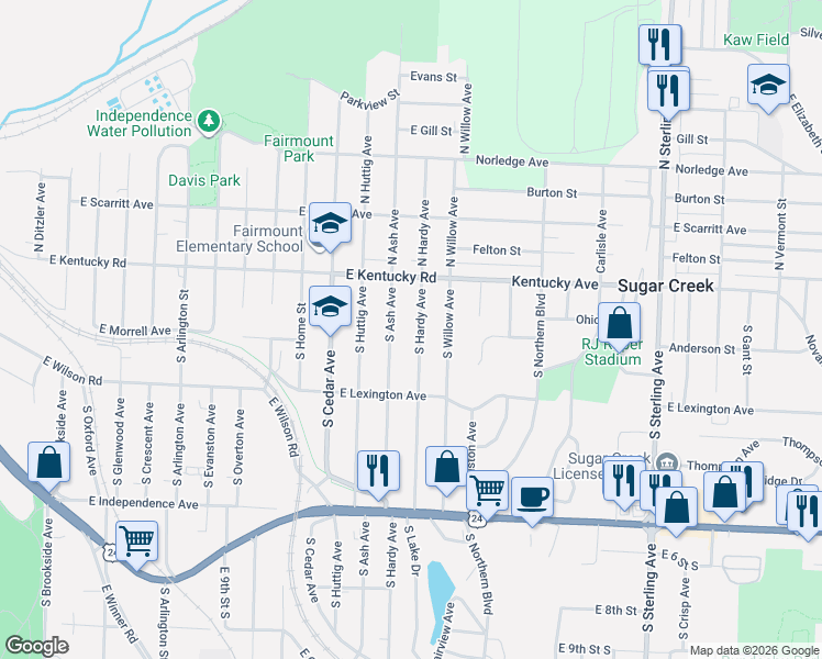 map of restaurants, bars, coffee shops, grocery stores, and more near 201 South Ash Avenue in Independence