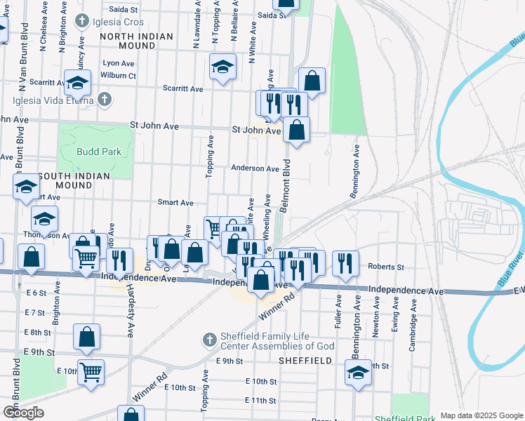 map of restaurants, bars, coffee shops, grocery stores, and more near 417 Wheeling Avenue in Kansas City