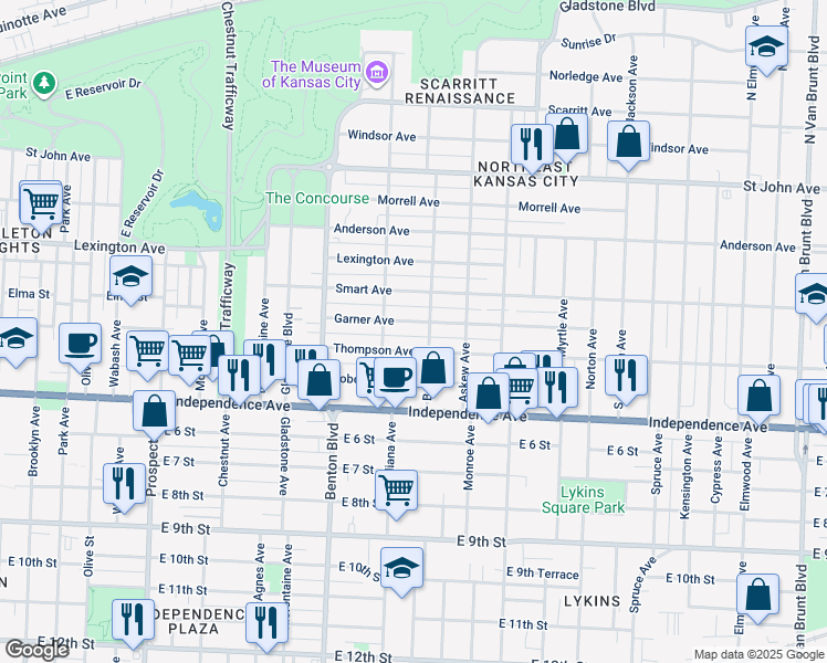 map of restaurants, bars, coffee shops, grocery stores, and more near 430 Bales Avenue in Kansas City