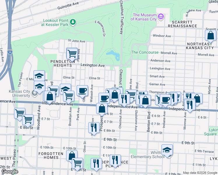 map of restaurants, bars, coffee shops, grocery stores, and more near 458 Montgall Avenue in Kansas City