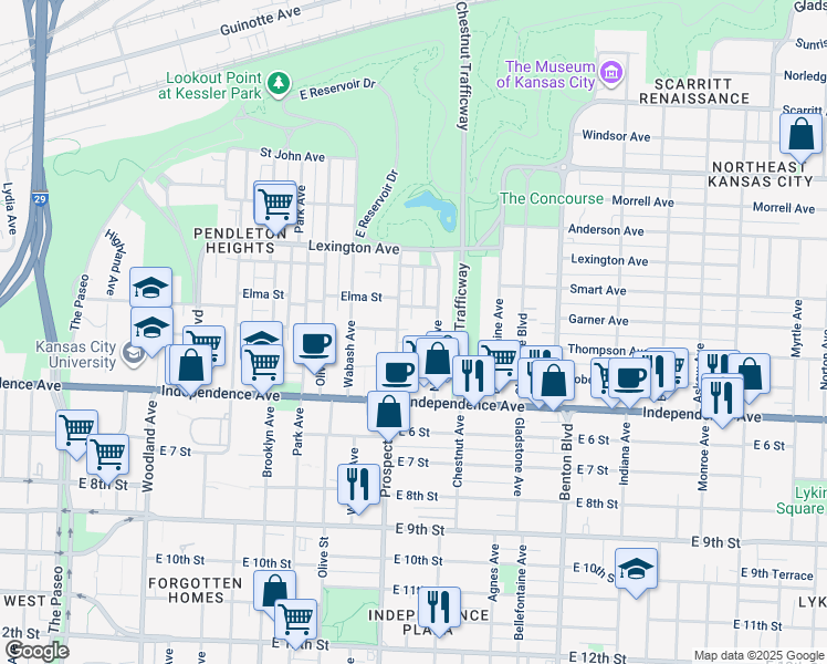 map of restaurants, bars, coffee shops, grocery stores, and more near 458 Montgall Avenue in Kansas City