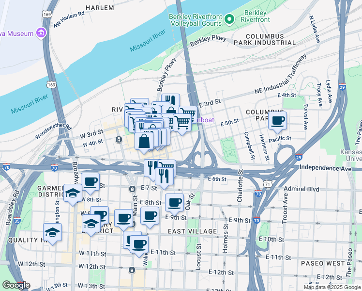 map of restaurants, bars, coffee shops, grocery stores, and more near 310 East Missouri Avenue in Kansas City