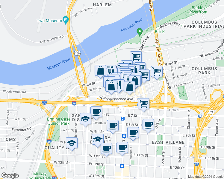 map of restaurants, bars, coffee shops, grocery stores, and more near 509 Delaware Street in Kansas City