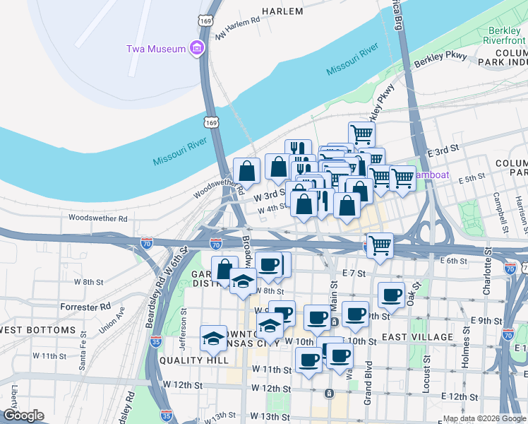 map of restaurants, bars, coffee shops, grocery stores, and more near 227 West 4th Street in Kansas City