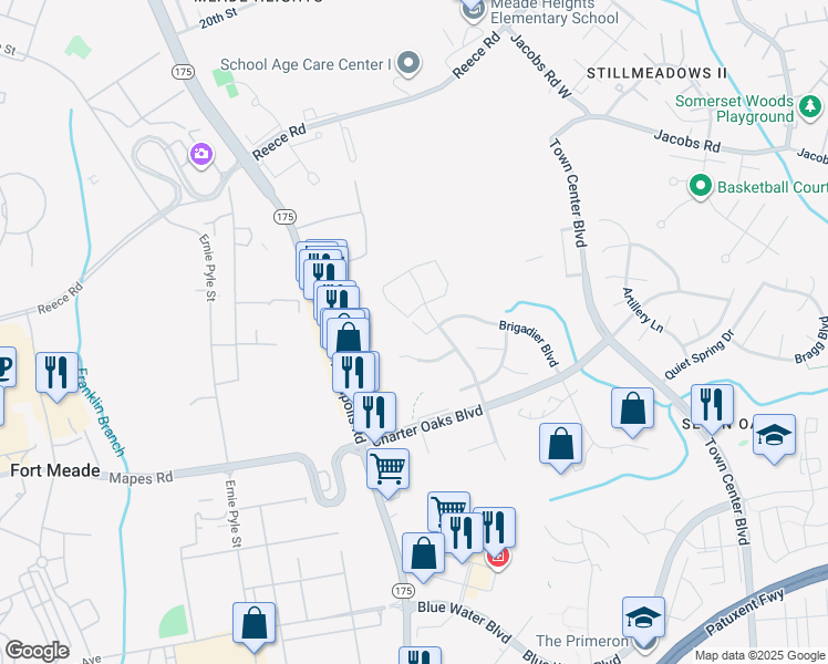 map of restaurants, bars, coffee shops, grocery stores, and more near 2123 Brigadier Boulevard in Odenton