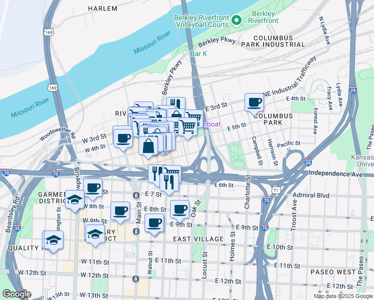 map of restaurants, bars, coffee shops, grocery stores, and more near 310 East Missouri Avenue in Kansas City