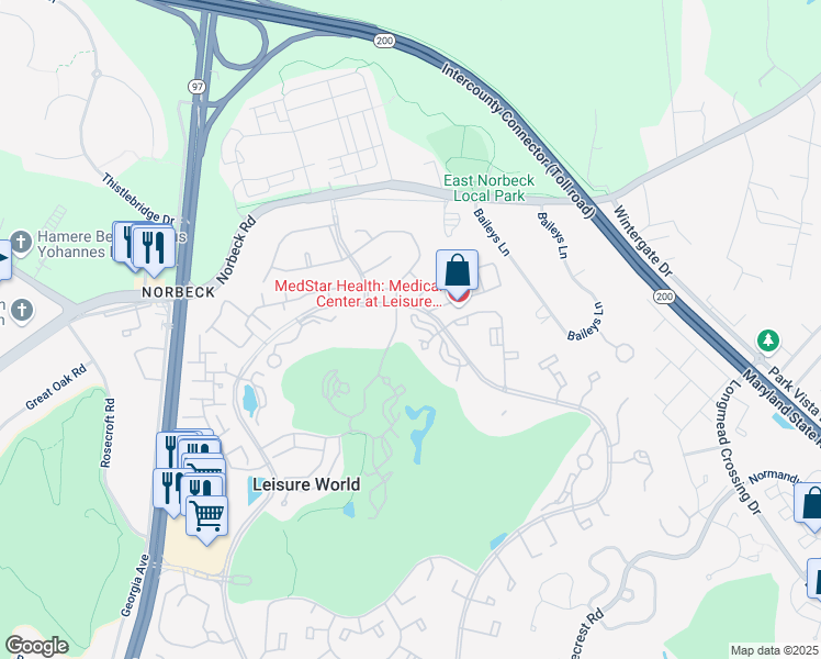 map of restaurants, bars, coffee shops, grocery stores, and more near 3210 North Leisure World Boulevard in Silver Spring