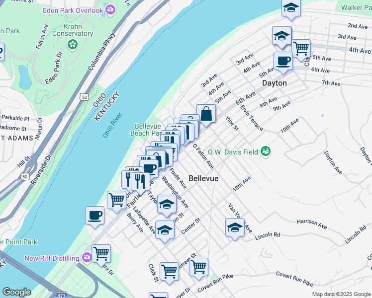 map of restaurants, bars, coffee shops, grocery stores, and more near 223 Van Voast Avenue in Bellevue