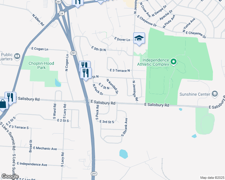 map of restaurants, bars, coffee shops, grocery stores, and more near 16703 East 2 Street North in Independence