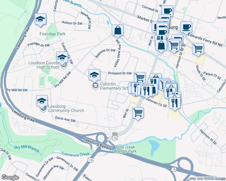 map of restaurants, bars, coffee shops, grocery stores, and more near 504 Valley View Avenue Southwest in Leesburg