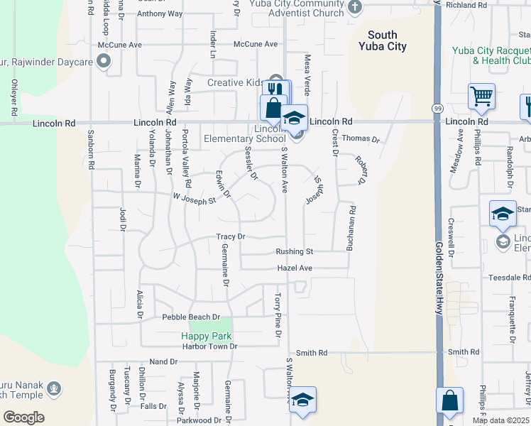 map of restaurants, bars, coffee shops, grocery stores, and more near 1585 Sessler Drive in Yuba City