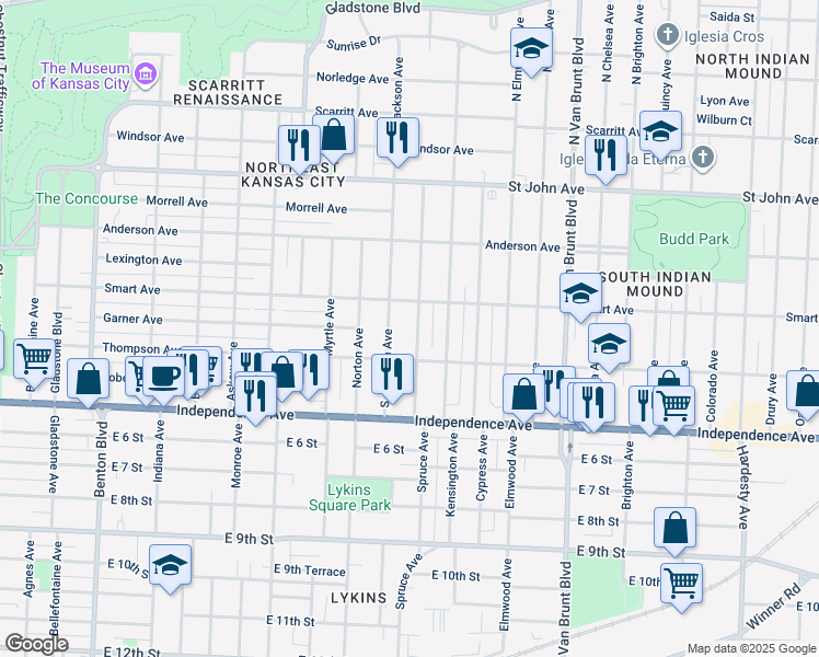map of restaurants, bars, coffee shops, grocery stores, and more near 429 Spruce Avenue in Kansas City