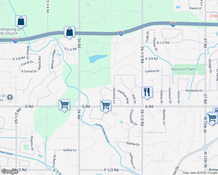 map of restaurants, bars, coffee shops, grocery stores, and more near 724 Ivanhoe Way in Grand Junction