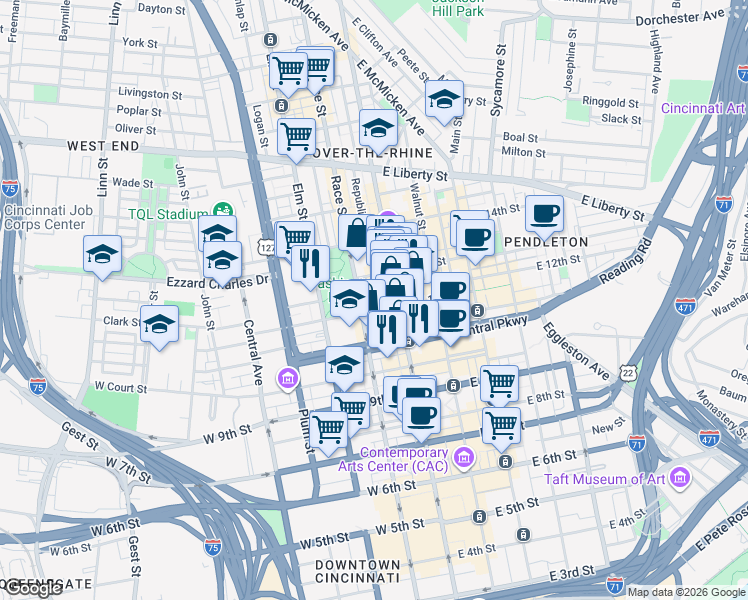 map of restaurants, bars, coffee shops, grocery stores, and more near in Cincinnati