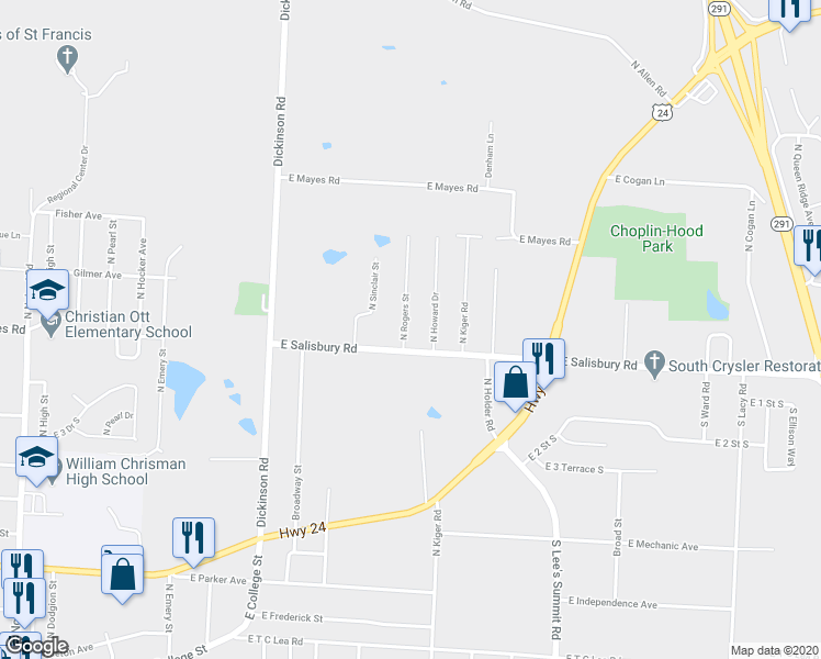 map of restaurants, bars, coffee shops, grocery stores, and more near 1609 North Rogers Street in Independence