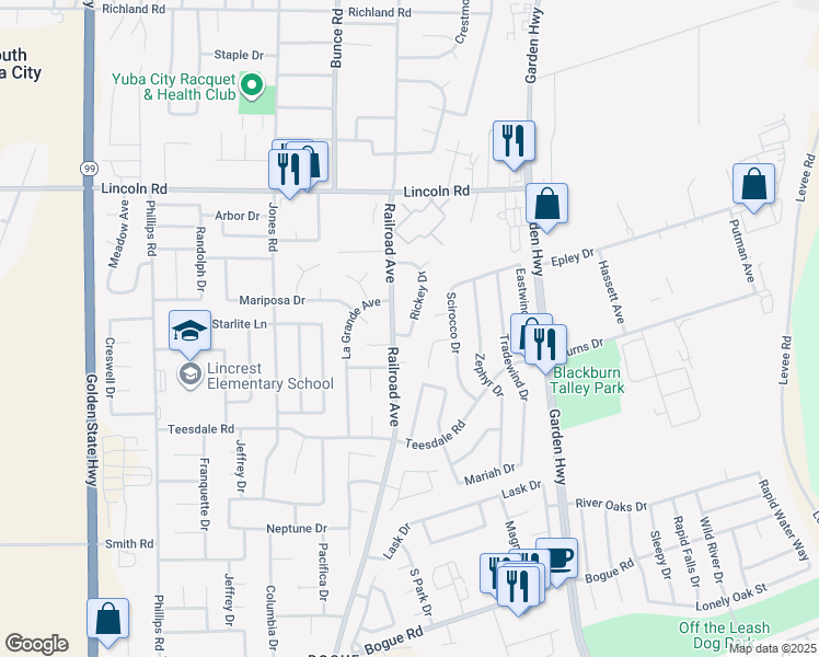 map of restaurants, bars, coffee shops, grocery stores, and more near 1341 Scotten Court in Yuba City