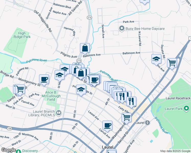 map of restaurants, bars, coffee shops, grocery stores, and more near 19 Post Office Avenue in Laurel