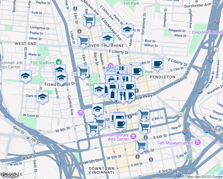map of restaurants, bars, coffee shops, grocery stores, and more near in Cincinnati