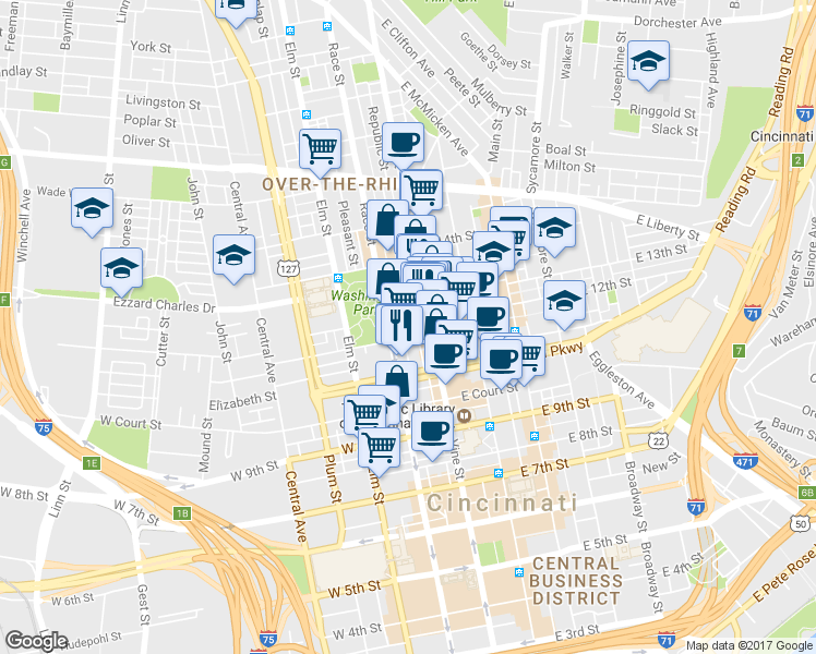 map of restaurants, bars, coffee shops, grocery stores, and more near in Cincinnati
