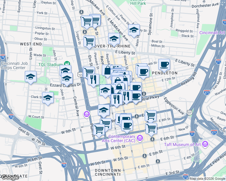 map of restaurants, bars, coffee shops, grocery stores, and more near in Cincinnati