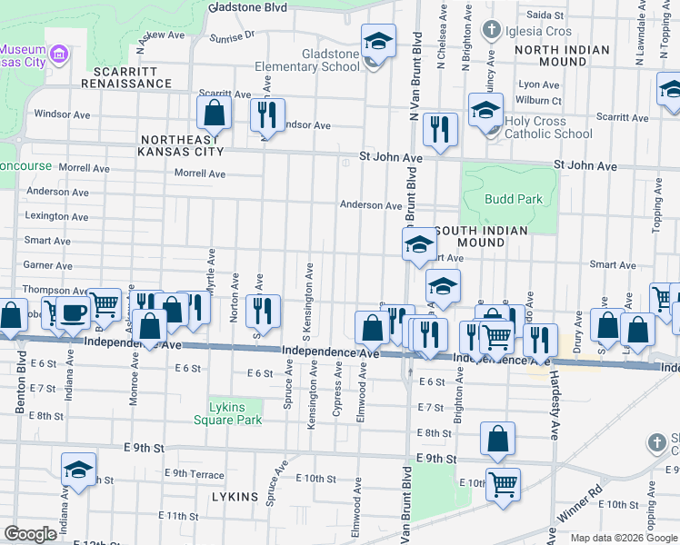 map of restaurants, bars, coffee shops, grocery stores, and more near 428 Elmwood Avenue in Kansas City