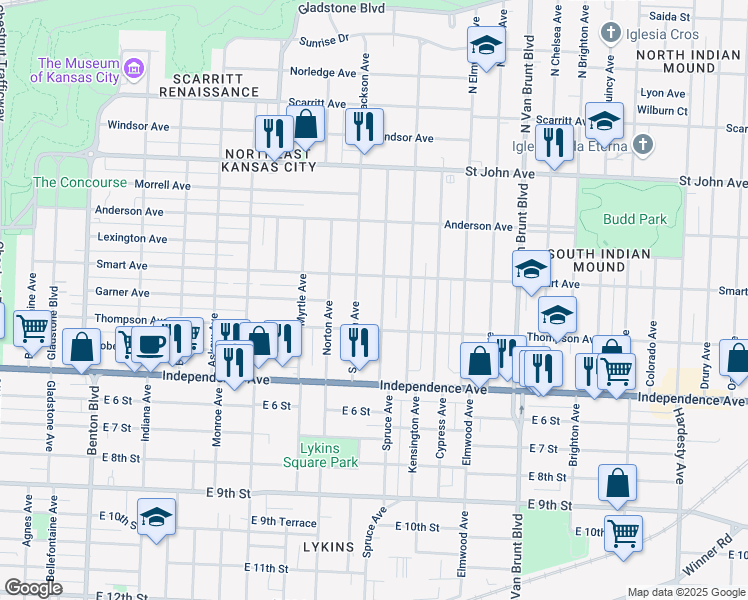 map of restaurants, bars, coffee shops, grocery stores, and more near 429 Spruce Avenue in Kansas City