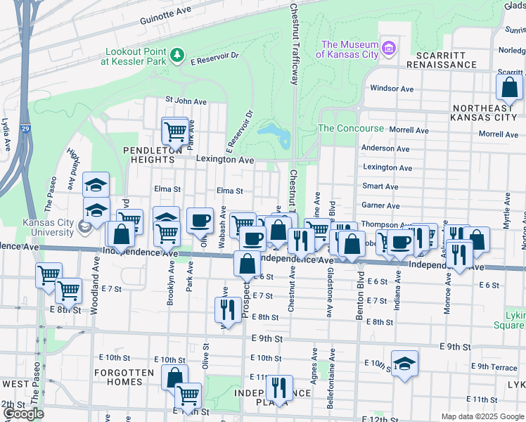map of restaurants, bars, coffee shops, grocery stores, and more near 458 Montgall Avenue in Kansas City