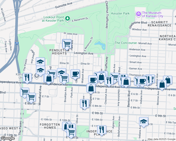 map of restaurants, bars, coffee shops, grocery stores, and more near 504 Prospect Avenue in Kansas City