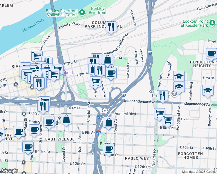 map of restaurants, bars, coffee shops, grocery stores, and more near 571 Harrison Street in Kansas City