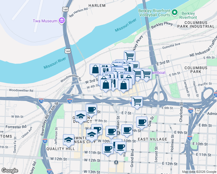 map of restaurants, bars, coffee shops, grocery stores, and more near 509 Delaware Street in Kansas City