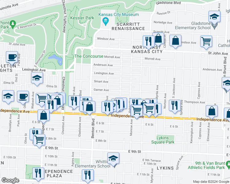 map of restaurants, bars, coffee shops, grocery stores, and more near 3423 Garner Avenue in Kansas City
