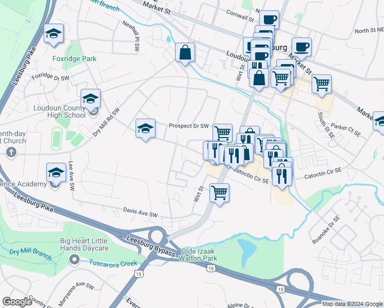 map of restaurants, bars, coffee shops, grocery stores, and more near 129 Catoctin Circle Southwest in Leesburg