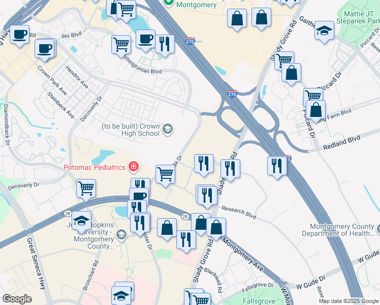 map of restaurants, bars, coffee shops, grocery stores, and more near 9305 Corporate Boulevard in Rockville