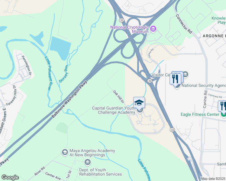 map of restaurants, bars, coffee shops, grocery stores, and more near 3201 Oak Hill Drive in Laurel