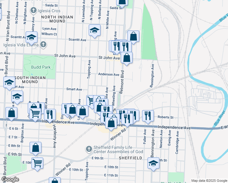 map of restaurants, bars, coffee shops, grocery stores, and more near 401 South Wheeling Avenue in Kansas City
