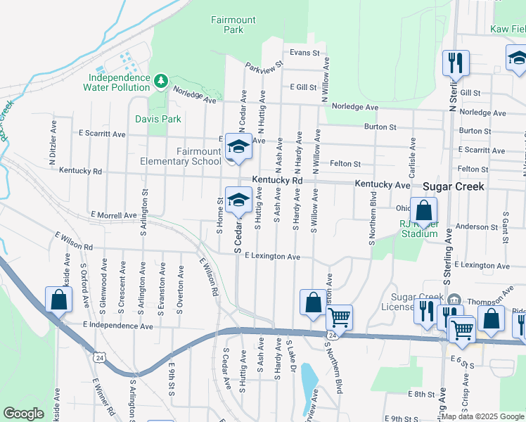 map of restaurants, bars, coffee shops, grocery stores, and more near 205 South Huttig Avenue in Independence