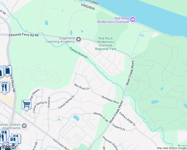 map of restaurants, bars, coffee shops, grocery stores, and more near 43031 Waters Overlook Court in Leesburg