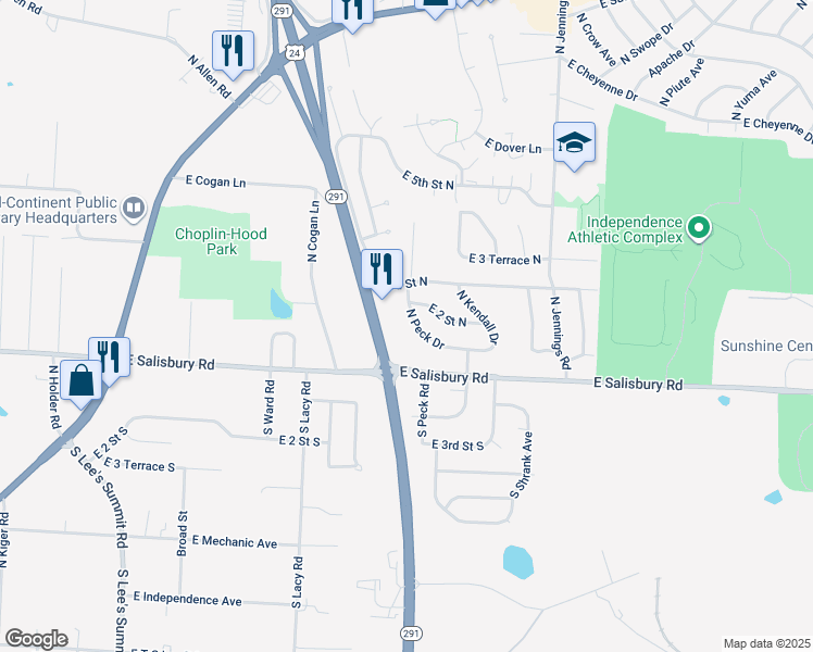 map of restaurants, bars, coffee shops, grocery stores, and more near 126 North Peck Drive in Independence