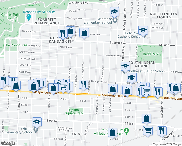 map of restaurants, bars, coffee shops, grocery stores, and more near 417 Spruce Avenue in Kansas City