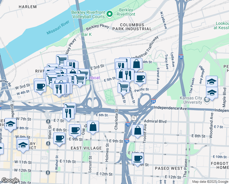 map of restaurants, bars, coffee shops, grocery stores, and more near 537 Charlotte Street in Kansas City