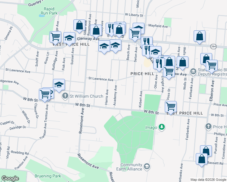 map of restaurants, bars, coffee shops, grocery stores, and more near 834 Academy Avenue in Cincinnati