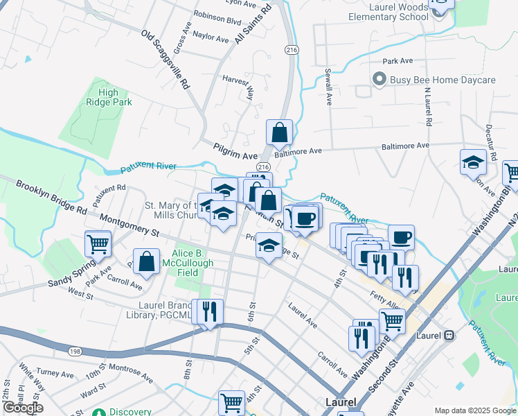 map of restaurants, bars, coffee shops, grocery stores, and more near 681 Main Street in Laurel