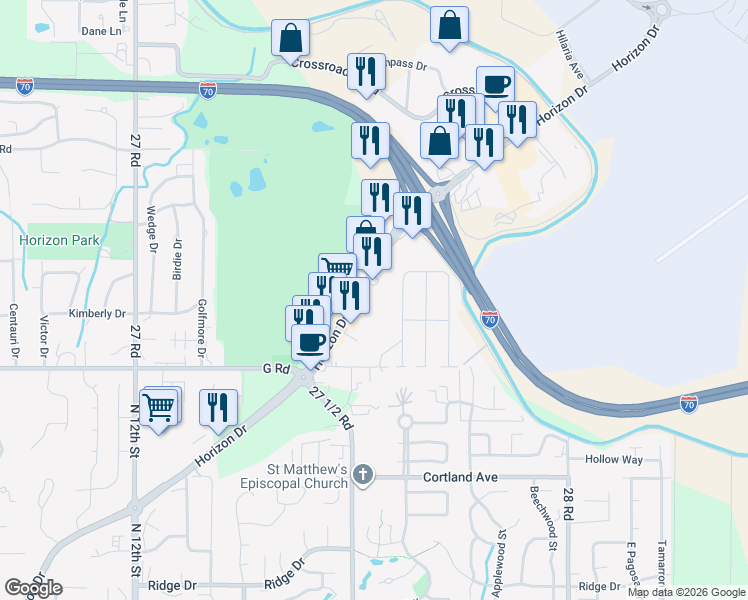map of restaurants, bars, coffee shops, grocery stores, and more near 709 Niblic Drive in Grand Junction