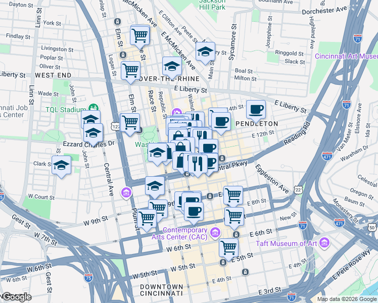 map of restaurants, bars, coffee shops, grocery stores, and more near in Cincinnati