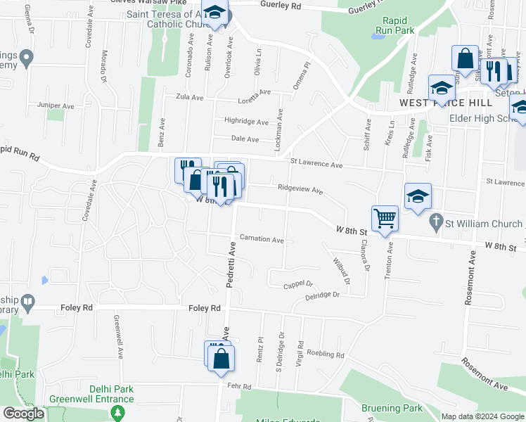 map of restaurants, bars, coffee shops, grocery stores, and more near 4431 West 8th Street in Cincinnati