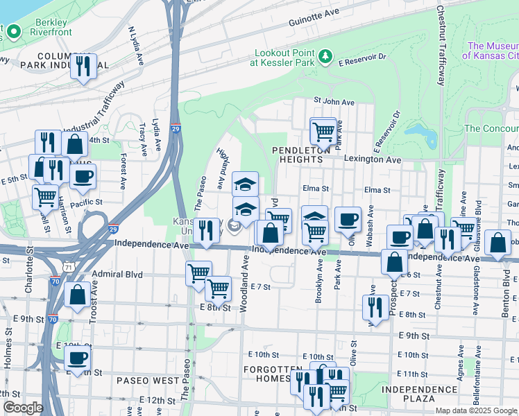 map of restaurants, bars, coffee shops, grocery stores, and more near 1750 Independence Avenue in Kansas City